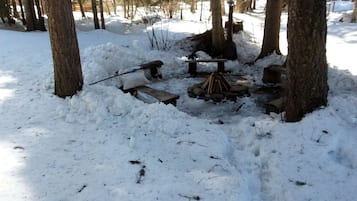 A snow-covered forest with a campfire and benches.