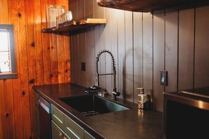 A kitchen with wooden paneling, a stainless steel sink, and a built-in dishwasher. - Bigfoot Alley | Movie Room + Walkable Location (Shaver Lake)