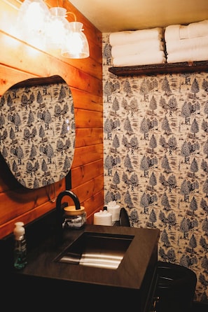 Une salle de bain avec un mur en bois, un lavabo et un miroir.