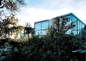 Een modern glazen gebouw met een heldere lucht en omliggende begroeiing.