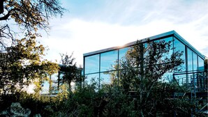 En moderne glasbygning med klar himmel og frodig beplantning omkring.
