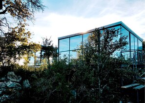 Un edificio moderno de cristal con cielo despejado y vegetación circundante.