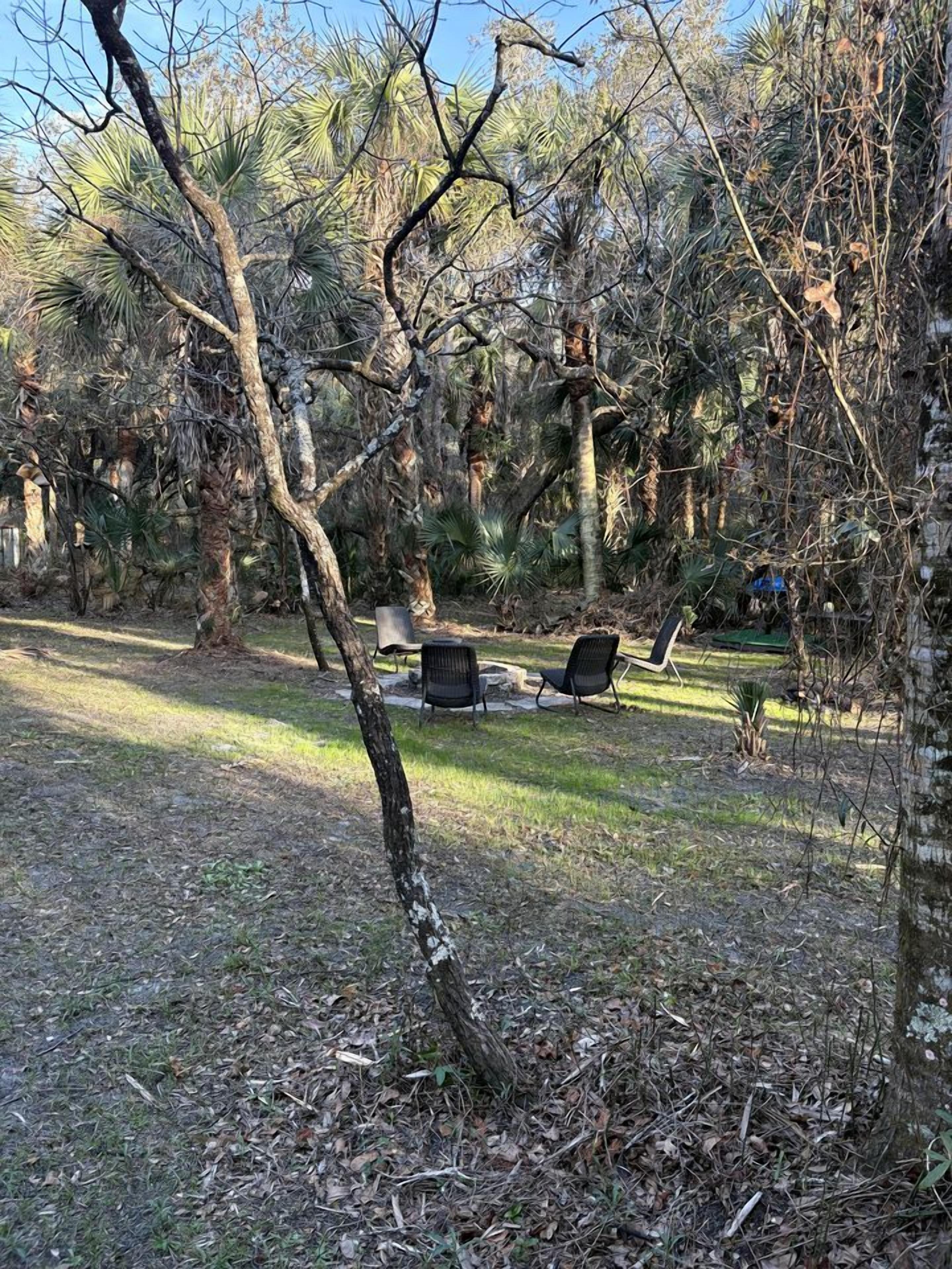 Ein Garten mit Bäumen, Rasen und Gartenmöbeln.