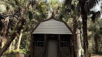 A small wooden cabin with a pitched roof, surrounded by palm trees and a patterned rug.