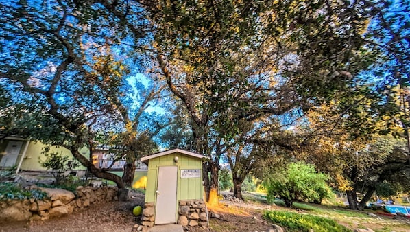 A small laundry facility with a door and a sign, surrounded by trees and a stone wall.
