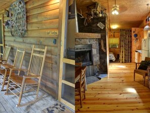 A rustic cabin interior with a stone fireplace, wooden furniture, and a sign reading 'Vol. Lodge'. - Cozy Log Cabin for Getaway in the Mountains near Cherokee, North Carolina (Cherokee)
