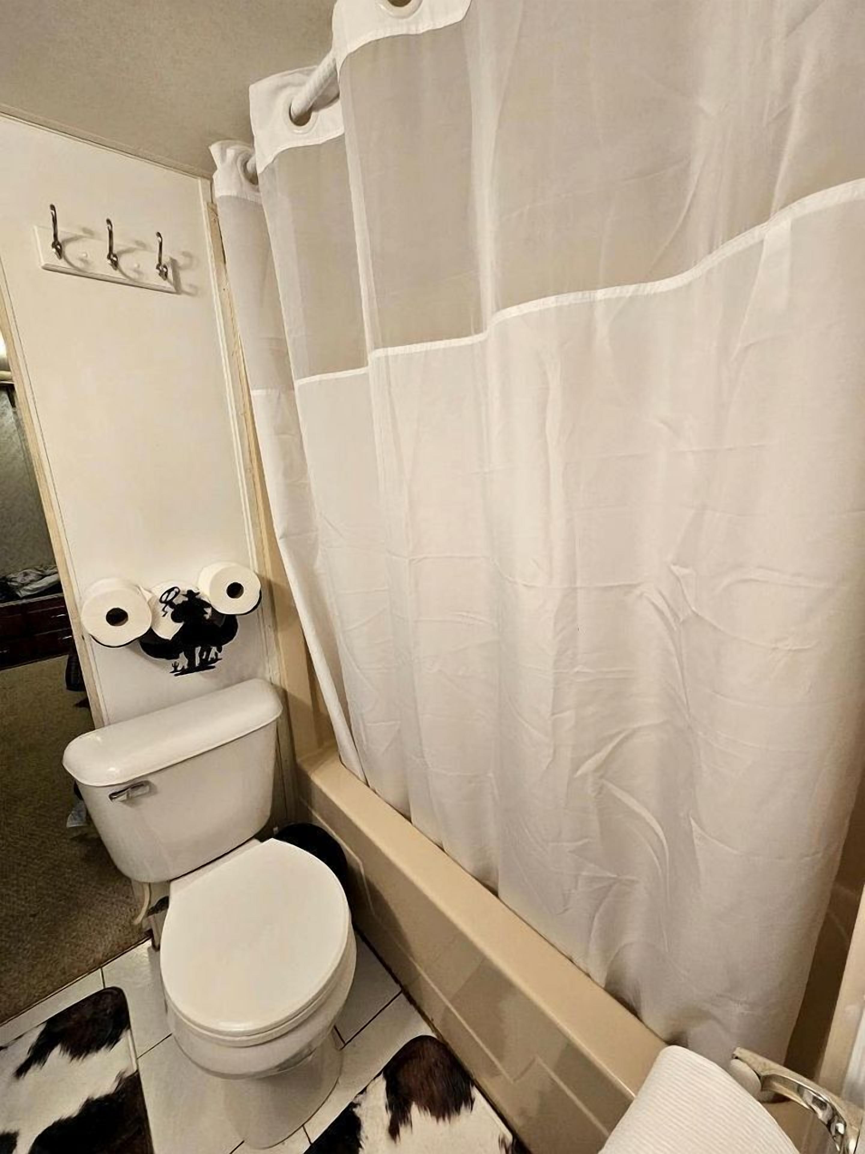 Secadora de cabello, toallas, papel de baño 