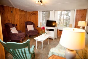 Una habitación con paredes de madera, dos sillones, un televisor, una mesita y una lámpara.