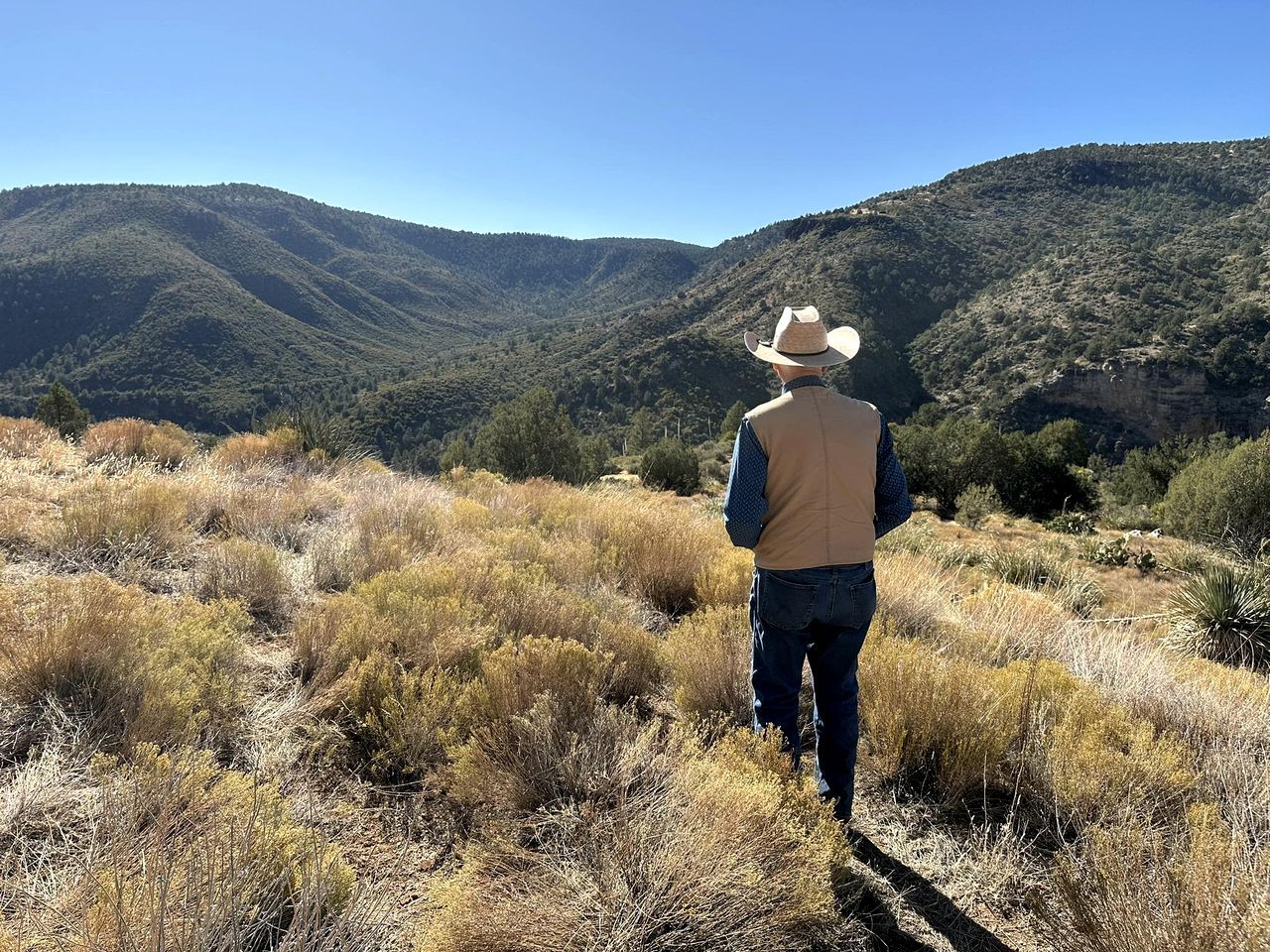 Una persona caminando sobre un campo de hierba seca con colinas al fondo.