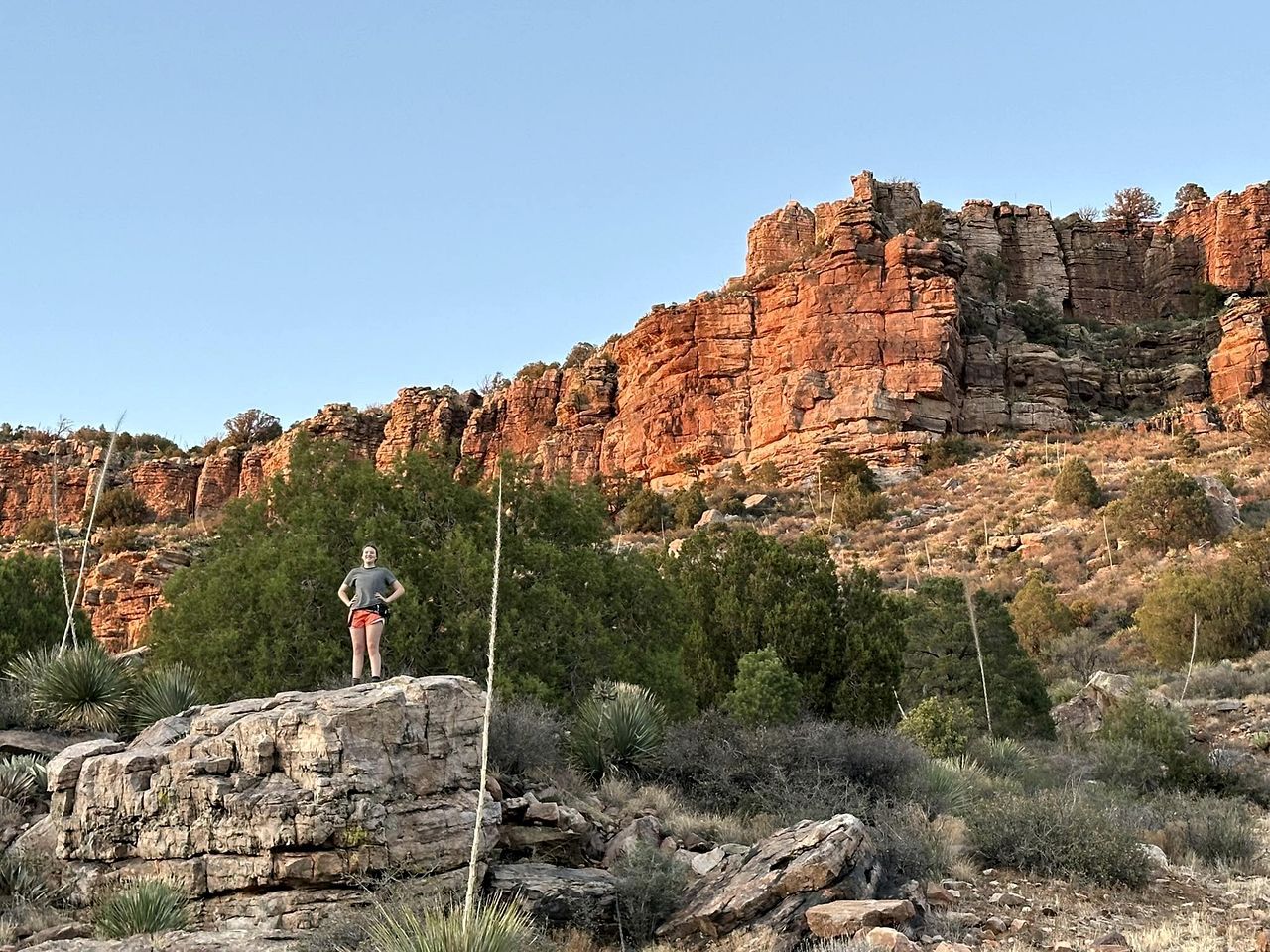 A person standing on a rocky outcrop with a mountainous backdrop.