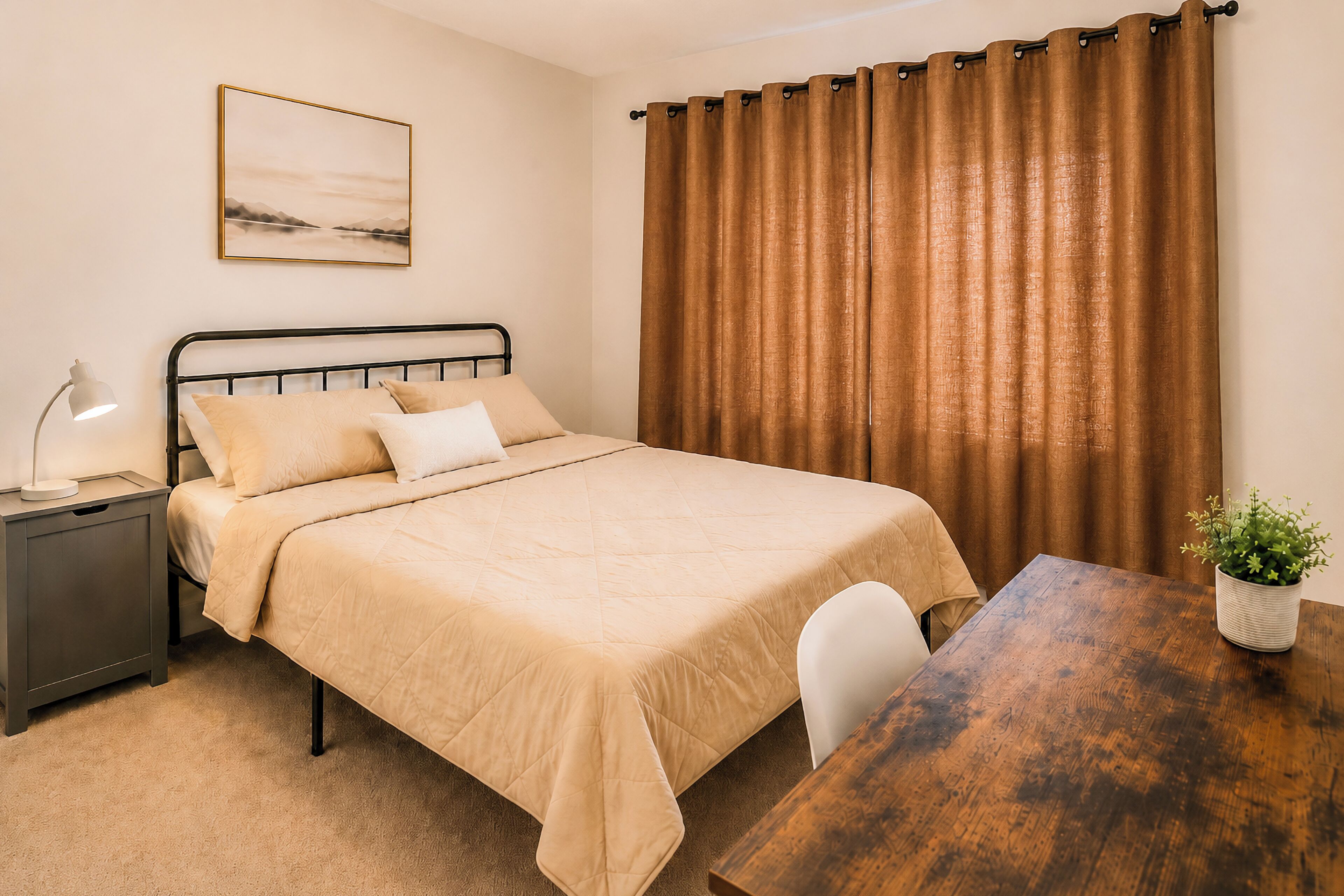Ein Schlafzimmer mit Bett, Nachttisch, Lampe und Blick ins Freie.