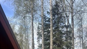 Une terrasse en bois avec une table et des chaises, entourée de grands arbres.