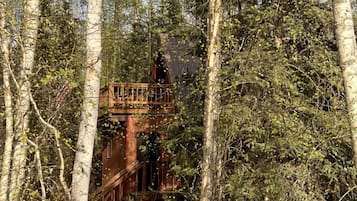 A rustic wooden structure surrounded by trees.