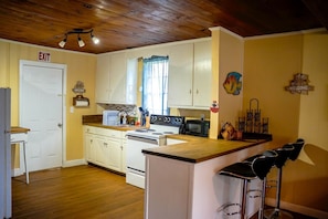 A kitchen with white cabinets, a stove, a microwave, and a sink. There is a wooden ceiling and a door marked 'EXIT'. - Lakefront Boathouse with Private Dock & Lake Views in Eutaw Springs, South Carolina (Eutaw Springs)