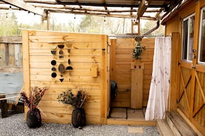 A wooden structure with a door, a hanging light fixture, and two potted plants.
