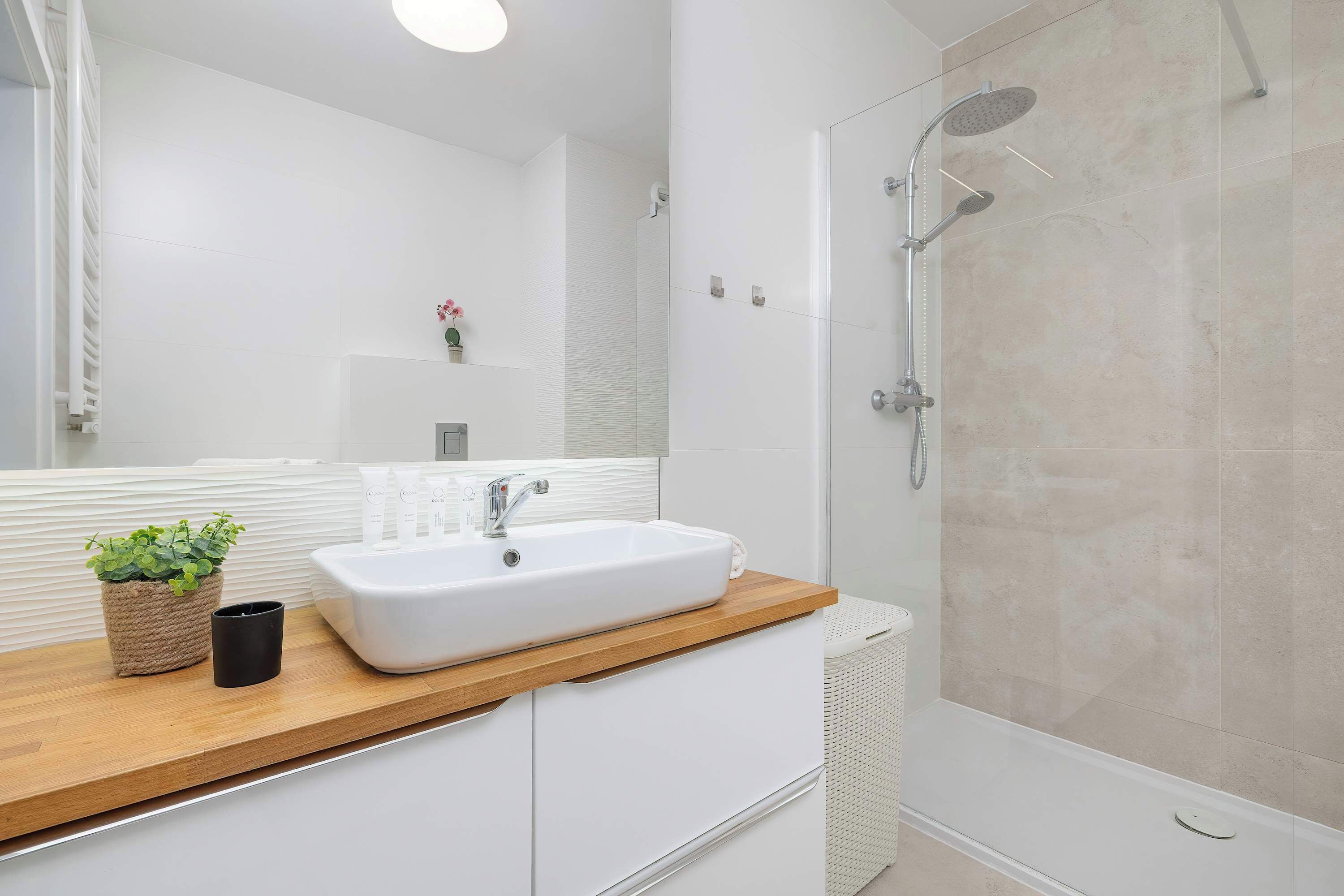 Dusche, Haartrockner, Handtücher, Shampoo