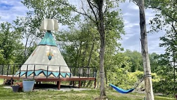 A geodesic dome structure with a platform and railing, surrounded by trees and grass.
