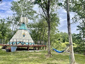 A geodesic dome structure with a platform and railing, surrounded by trees and grass.