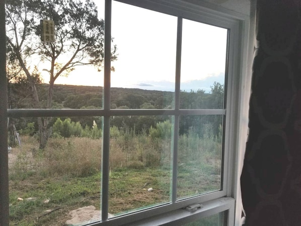 A window with a view of a grassy area and trees.