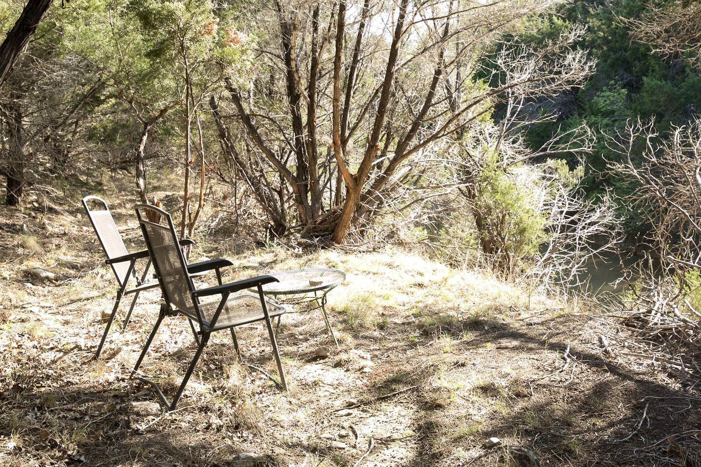 A chair and table in a natural setting with trees and dry grass.