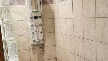 A shower area with tiled walls and a showerhead.