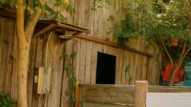 Una cabaña rústica de madera con un banco, plantas en macetas y un enchufe.
