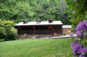 A wooden cabin with a porch, surrounded by lush greenery and a well-maintained lawn.
