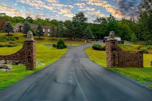 A paved road leading to a stone gate with lion statues, surrounded by greenery and residential buildings.