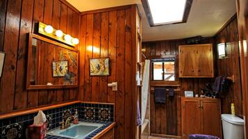 Um banheiro compacto com painéis de madeira, um domo de vidro, pia com azulejos azuis e armários de madeira.