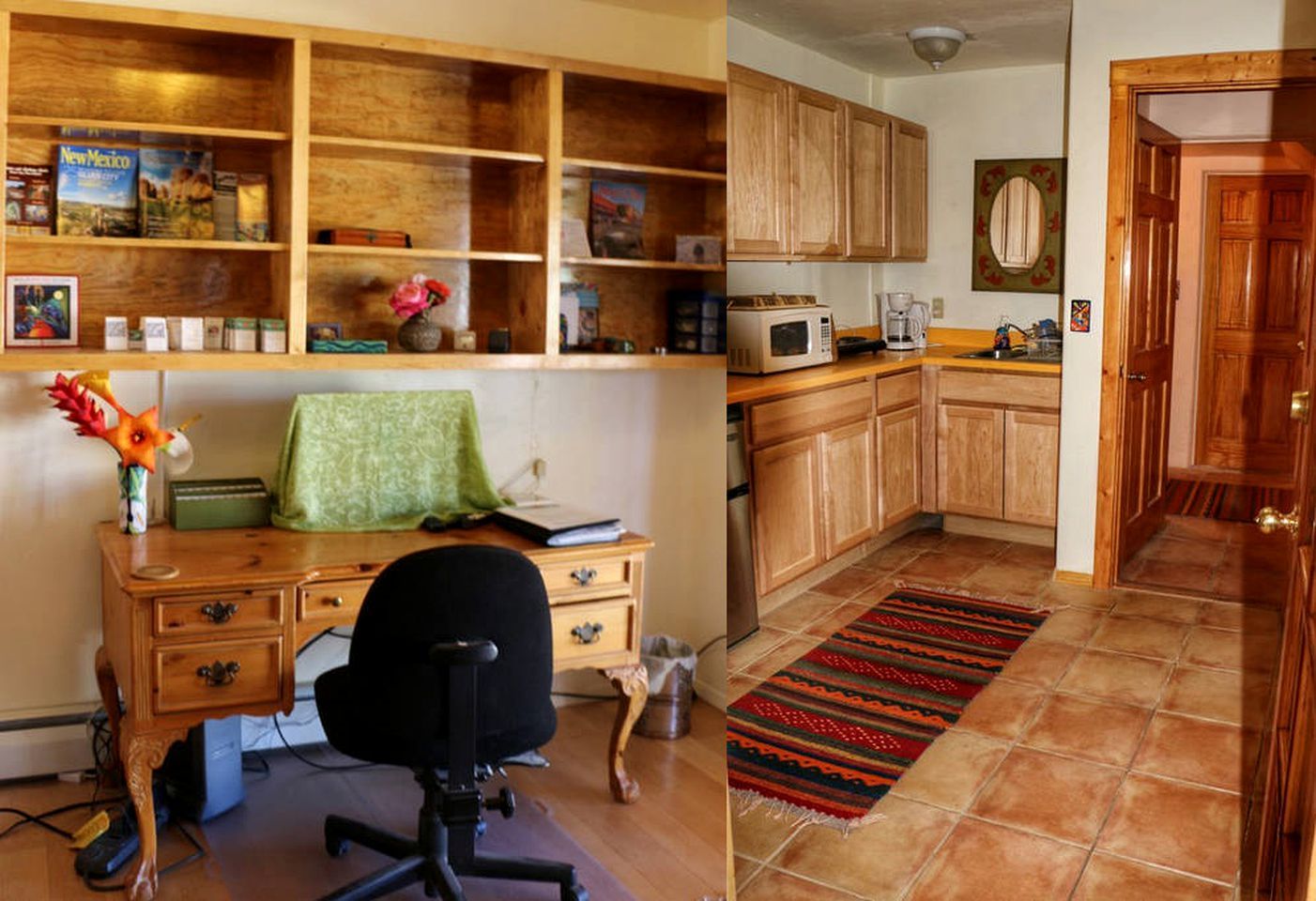 A home office with a desk, shelves, and a computer.