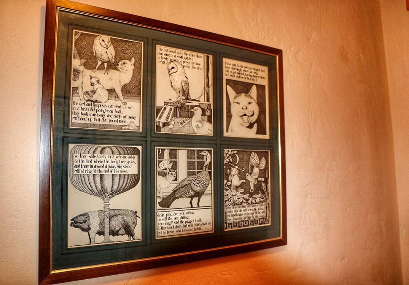 Una colección enmarcadas de ilustraciones blanco y negro con texto, que presenta varios animales y escenas.
