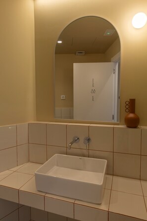 Un bagno con un lavandino bianco, uno specchio e un vaso sulla parete.