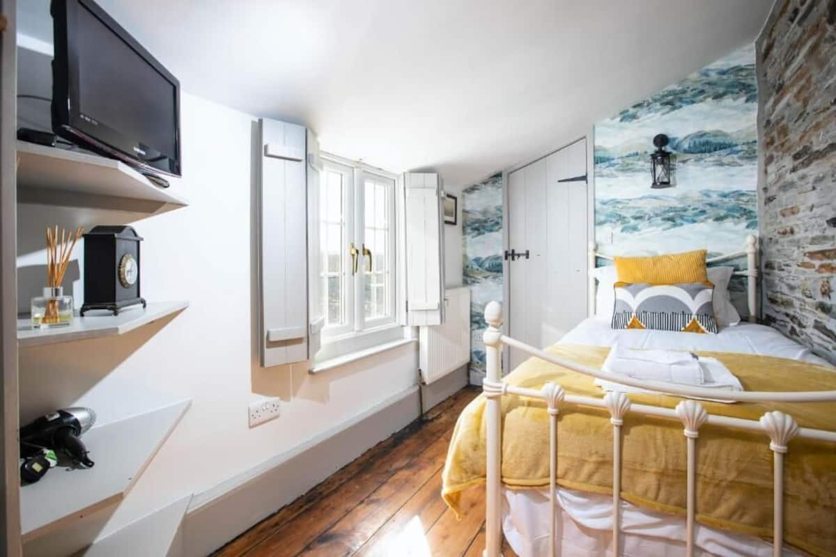 Un dormitorio con cama, televisor, ventana y una pared con un mural.