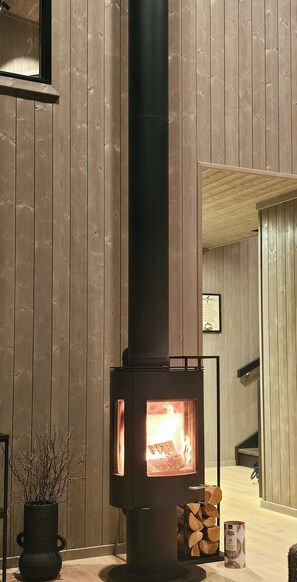 Ein Kaminofen mit sichtbarem Feuer, ein Holzstapel und ein Blumentopf.