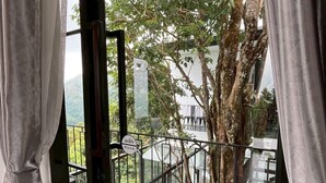 A room with a large window, a tree outside, and a balcony with a railing. - Mei Nai Home (Pua)