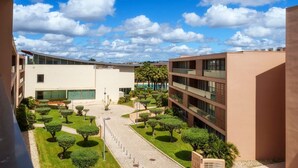 Un patio con un camino pavimentado, setos cuidados y una zona de piscina.