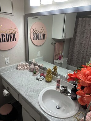 Ein Badezimmer mit Granitablage, einem weißen Waschbecken, einem Spiegel und Dekorationselementen wie einer Ananas und einer ananasförmigen Seifenspender.