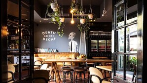 Ein gemütliches Café-Interieur mit einer Bar, Holztischen, Stühlen und hängenden Pflanzen.