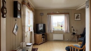 A living room with a television, wooden walls, a window with curtains, a chair, and a radiator.