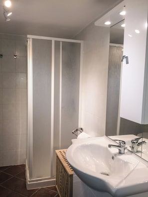 Ein Badezimmer mit Duschkabine, Waschbecken und Spiegel.