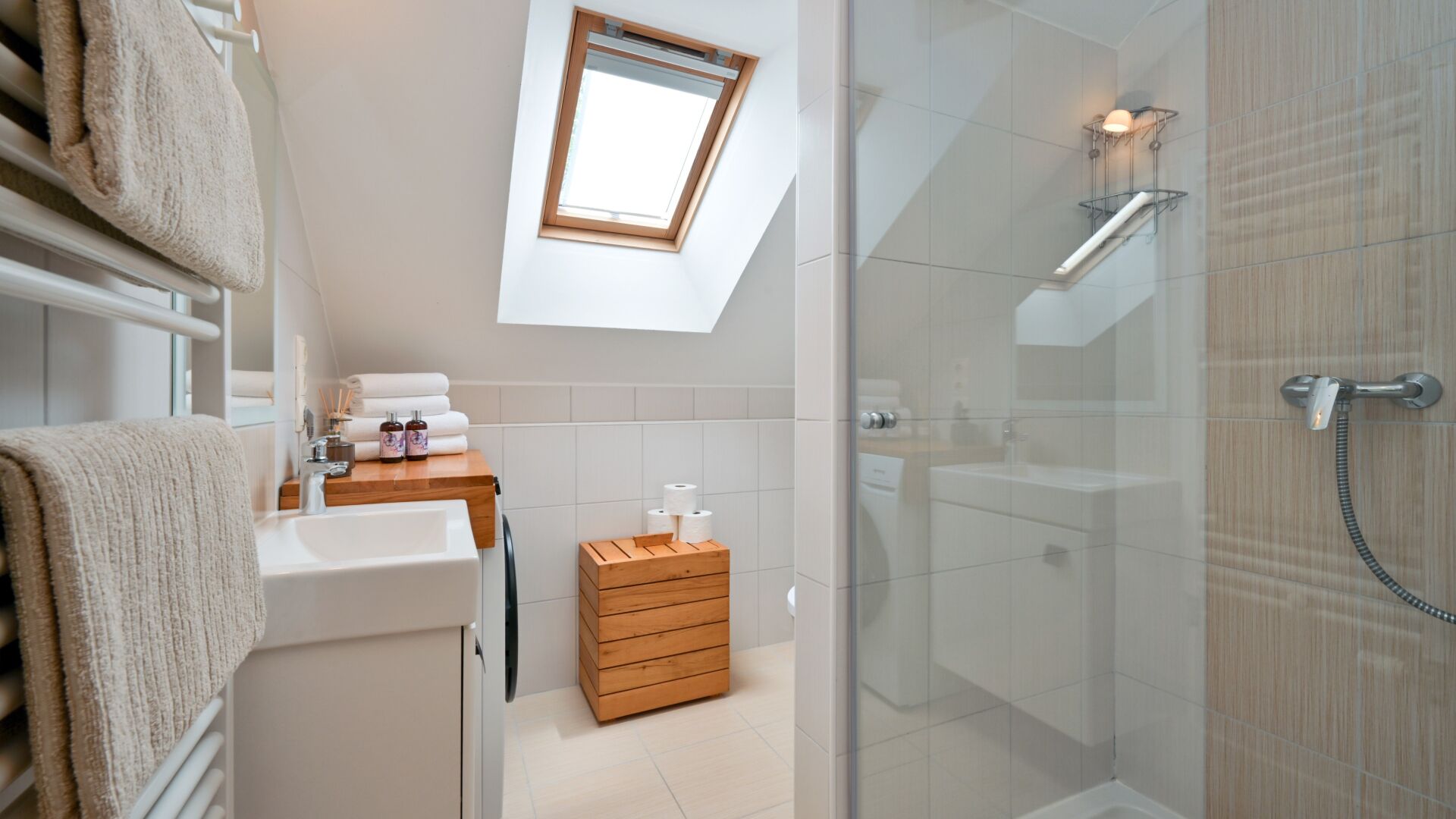 Shower, hair dryer, towels