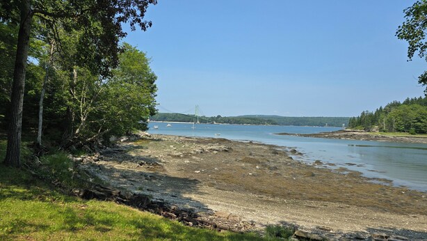 A natural landscape with a rocky shoreline, trees, and a bridge in the distance. - Bridges Camp - Private Beach! Dogs welcome! (Little Deer Isle)