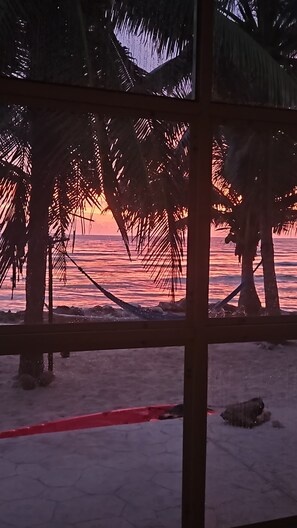 A beach view with palm trees and a sunset.