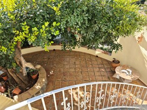 Une terrasse incurvée, revêtue de carreaux de terre cuite, entourée de plantes en pot et bordée d’une rambarde blanche.