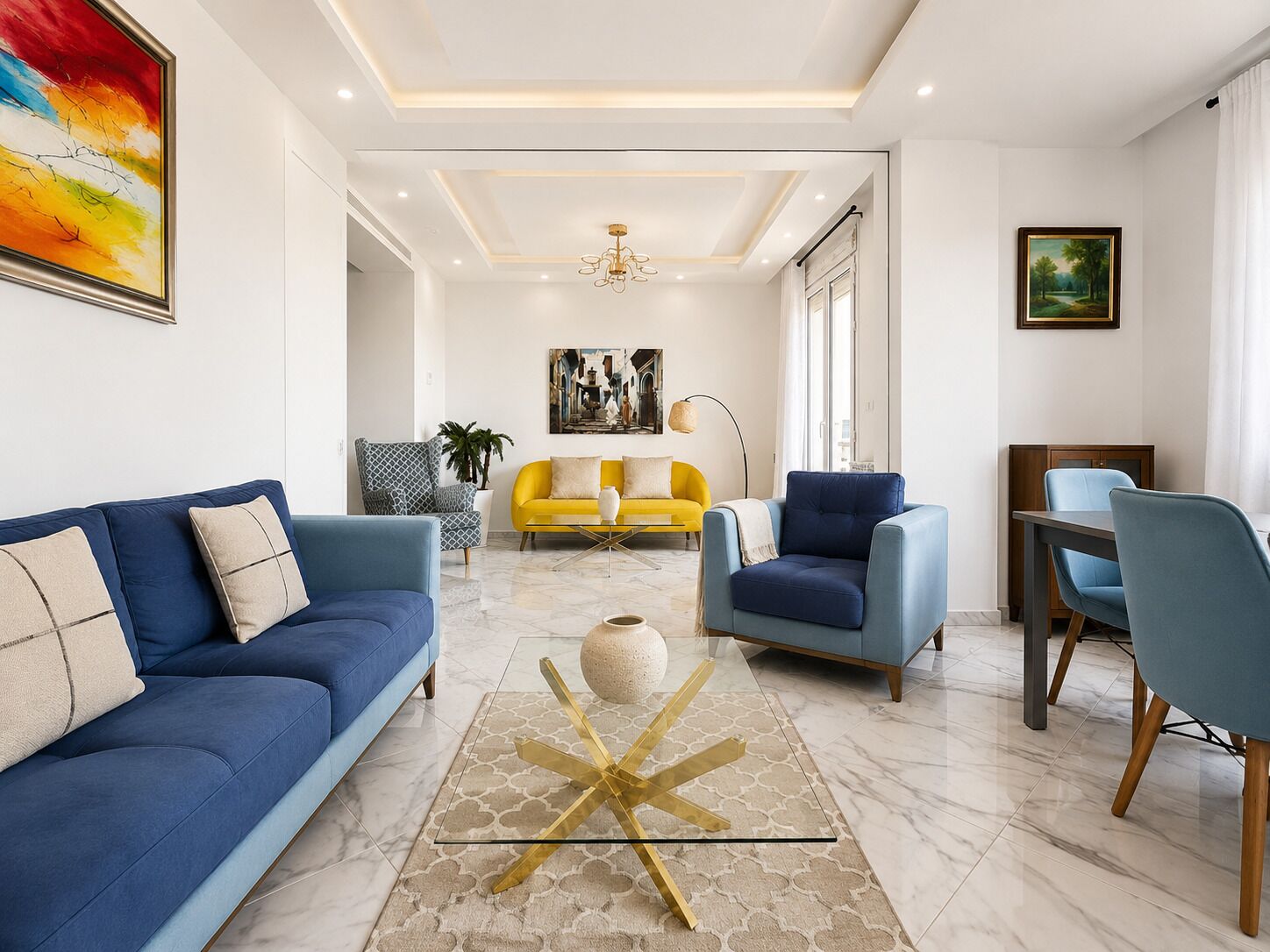 Un salon moderne avec un canapé bleu, un fauteuil jaune et un autre fauteuil bleu. On y trouve une table basse en verre avec un pied doré, un tableau accroché au mur et un coin repas avec une table et des chaises.