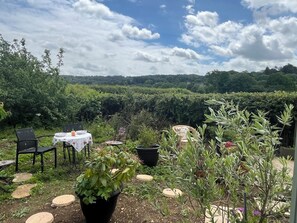 A garden patio with a table and chairs, surrounded by potted plants and a view of a lush landscape. - Shepherd Hut (Gloucester)
