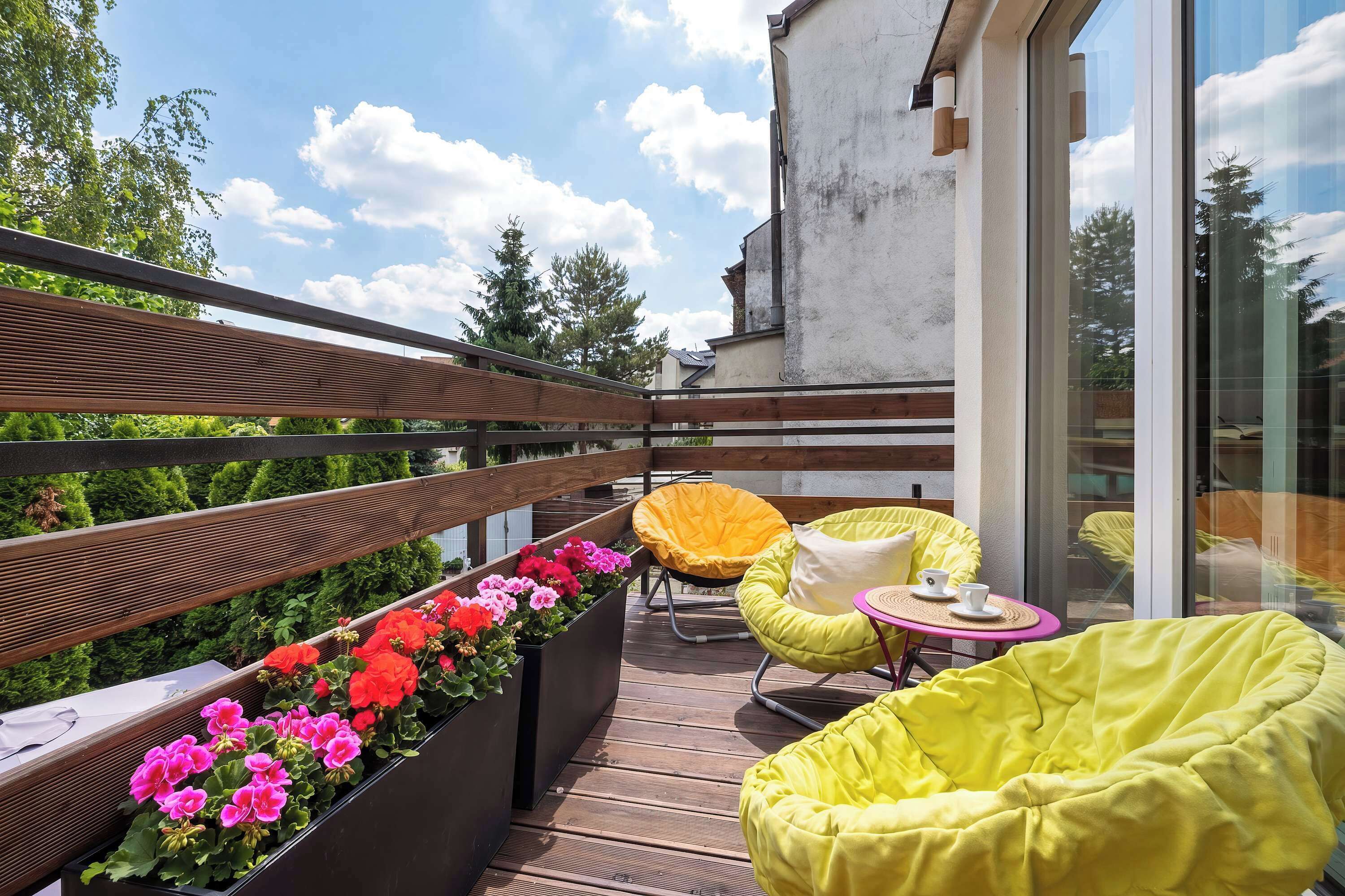 A balcony with wooden railings, potted plants, and yellow bean bag chairs.