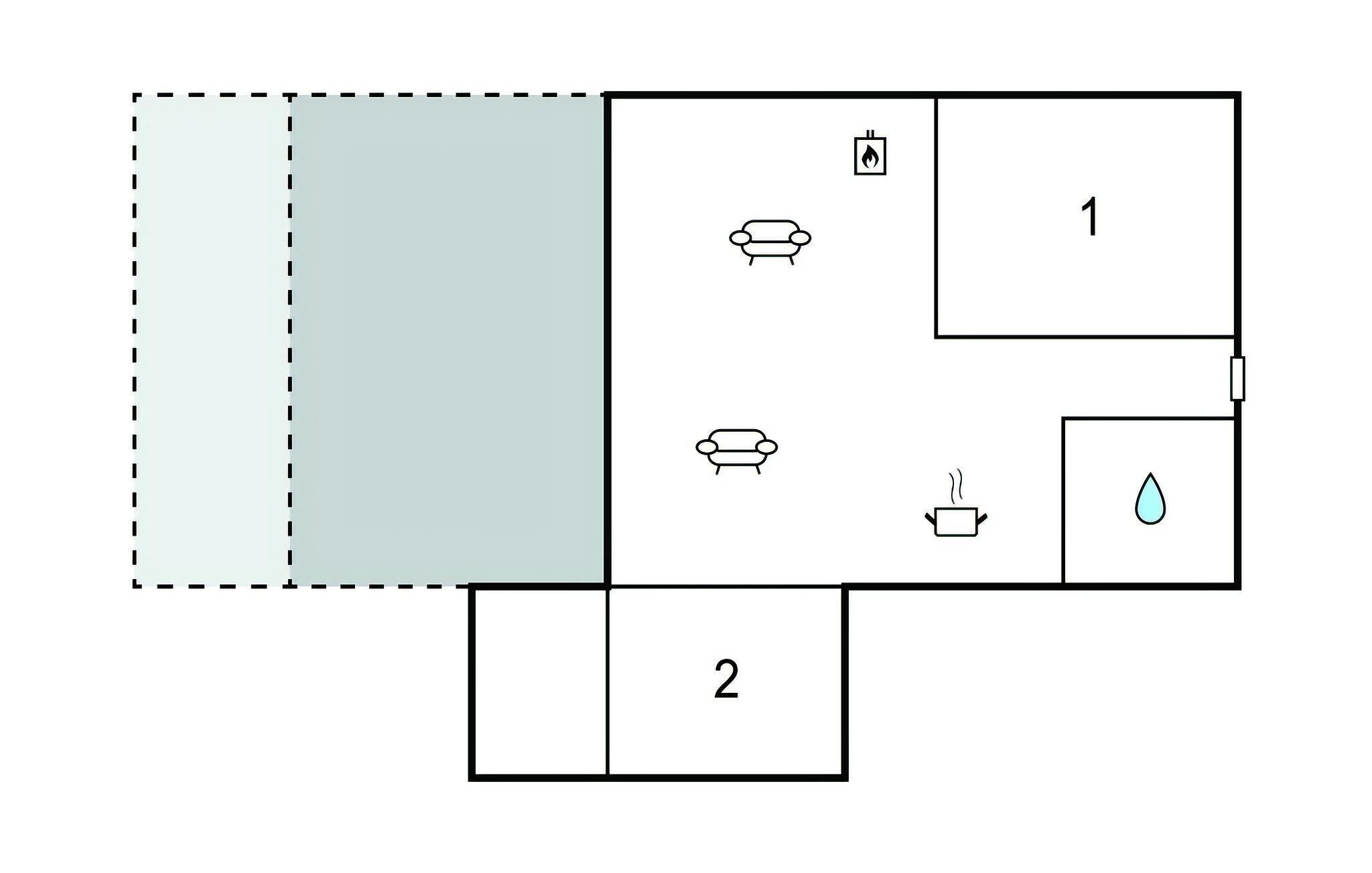 A floor plan with two rooms, each labeled with a number. Room 1 includes a sofa, a chair, and a small table with a teapot. Room 2 is a plain space with a single bed.