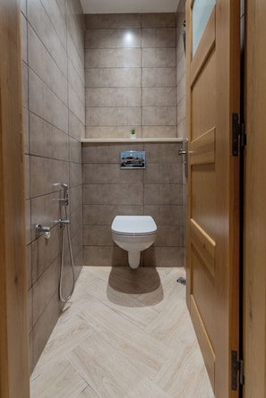 A bathroom with a toilet, shower, and a small shelf with a picture.