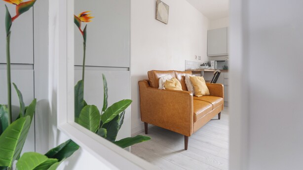 A modern living room with a leather sofa, a large mirror, and a potted plant. - 3 Desks & 4 TVs | Flex Bed Config | Secure Parking (Merseyside)